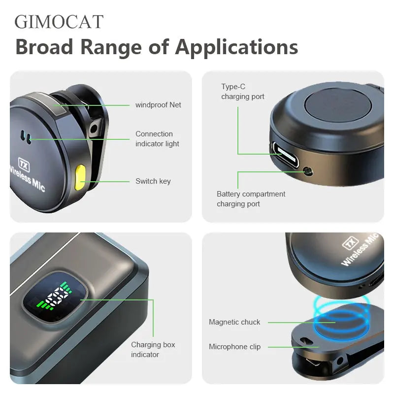Wireless Lapel Microphone with Built-in Noise Reduction, USB-C Interface. Portable for Streaming, Podcast Recording, and Online