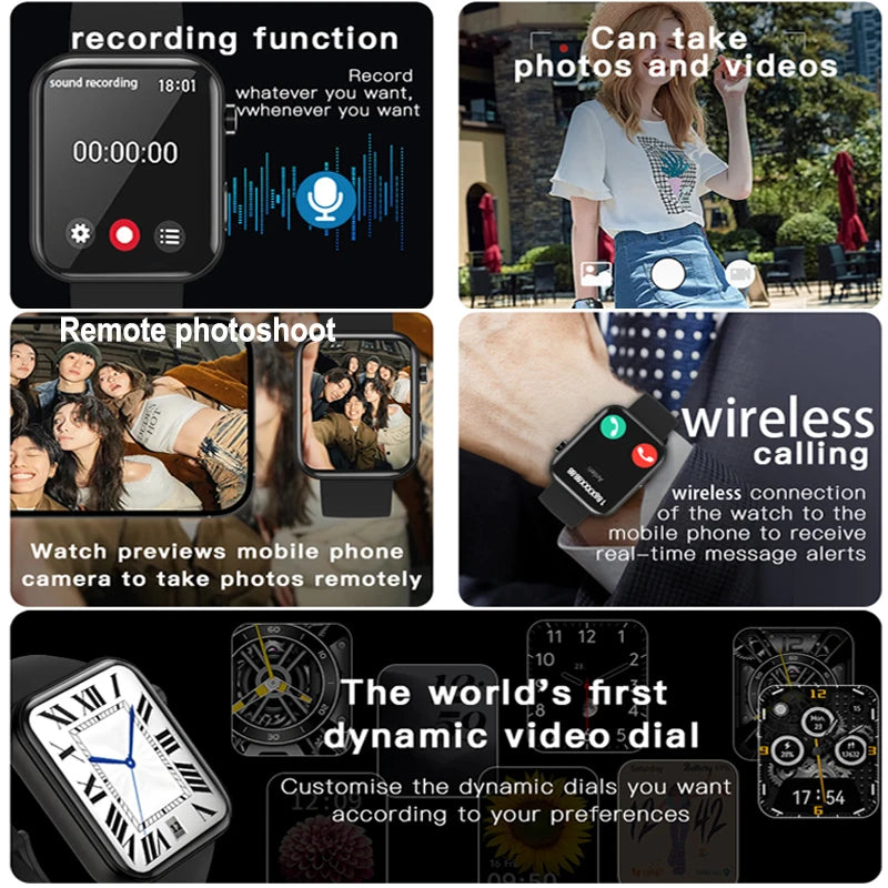 New Camera SmartWatch Men Women Photos Record Video Sports Fitness Health Monitor Waterproof Bluetooth Call Recording Smartwatch
