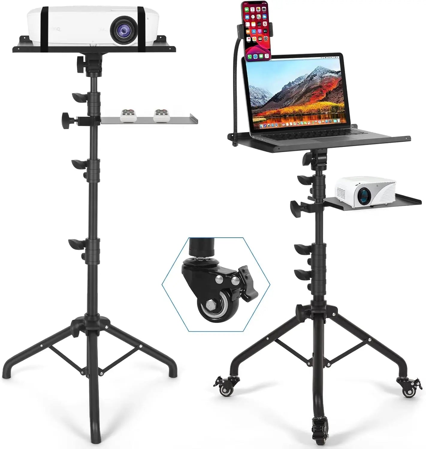 Portable Laptop Tripod on Wheels with Adjustable Height and Phone Holder, 2 Shelves for Projector Stand