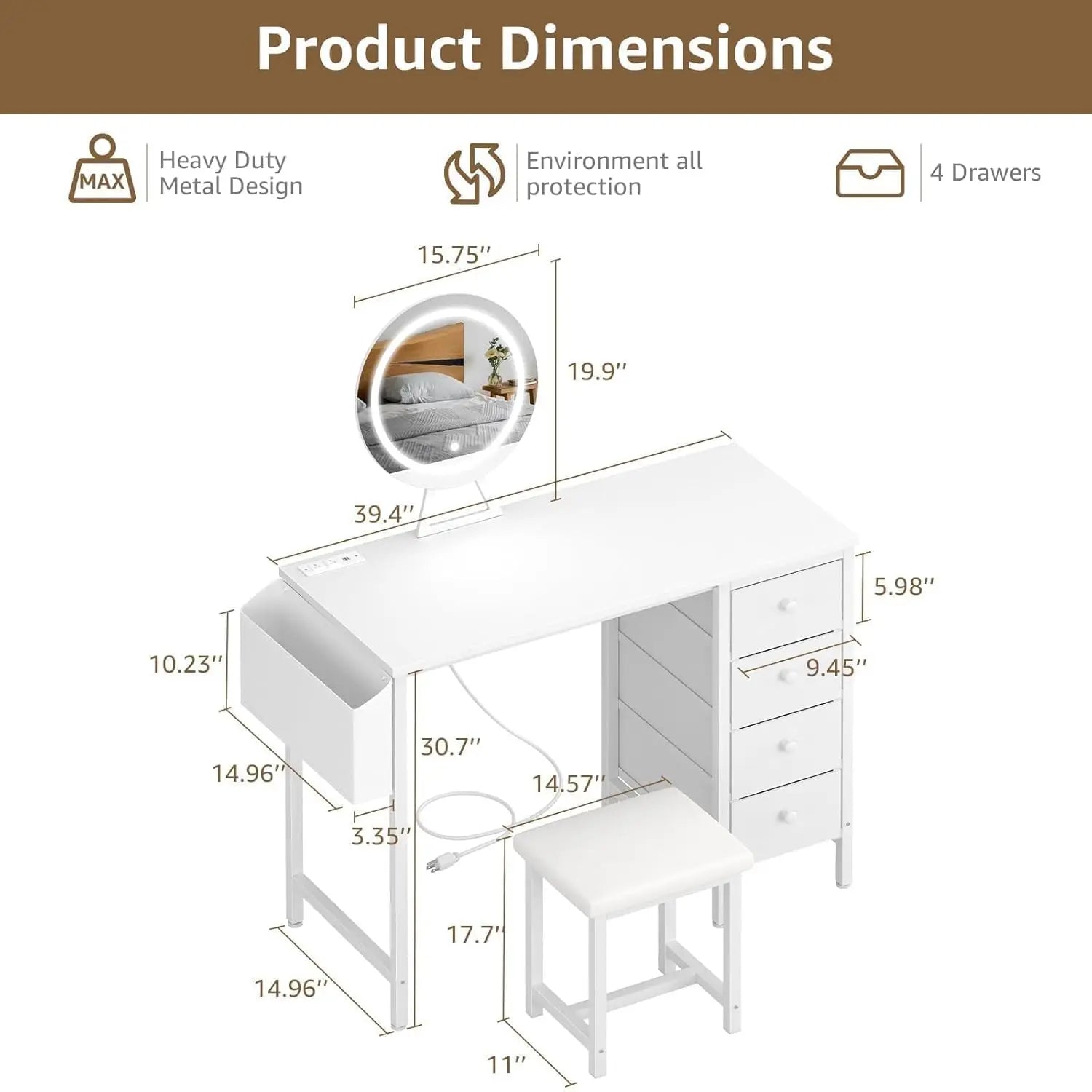 White Vanity Desk with Mirror, Light, Storage & Charging Station - Modern Makeup Table for Girls Bedroom