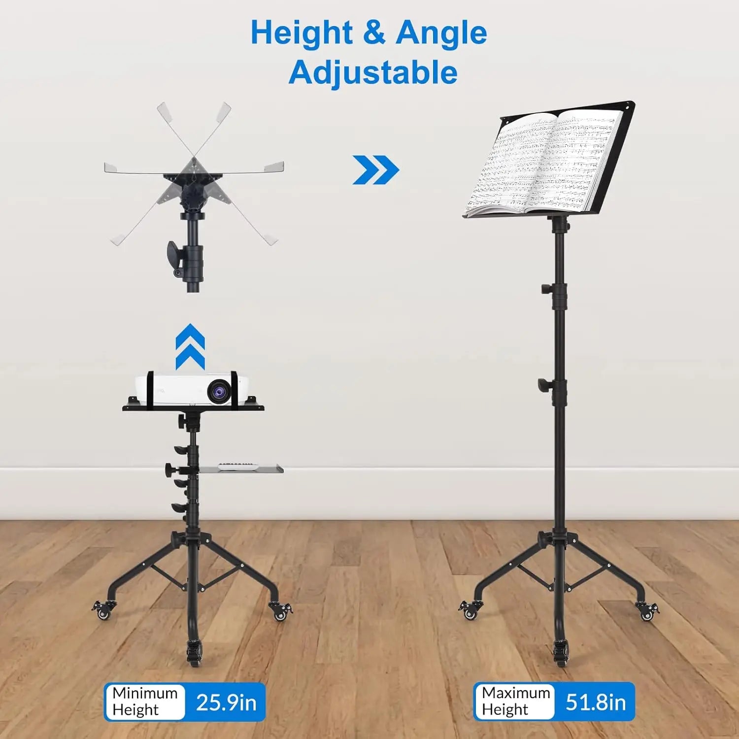 Portable Laptop Tripod on Wheels with Adjustable Height and Phone Holder, 2 Shelves for Projector Stand
