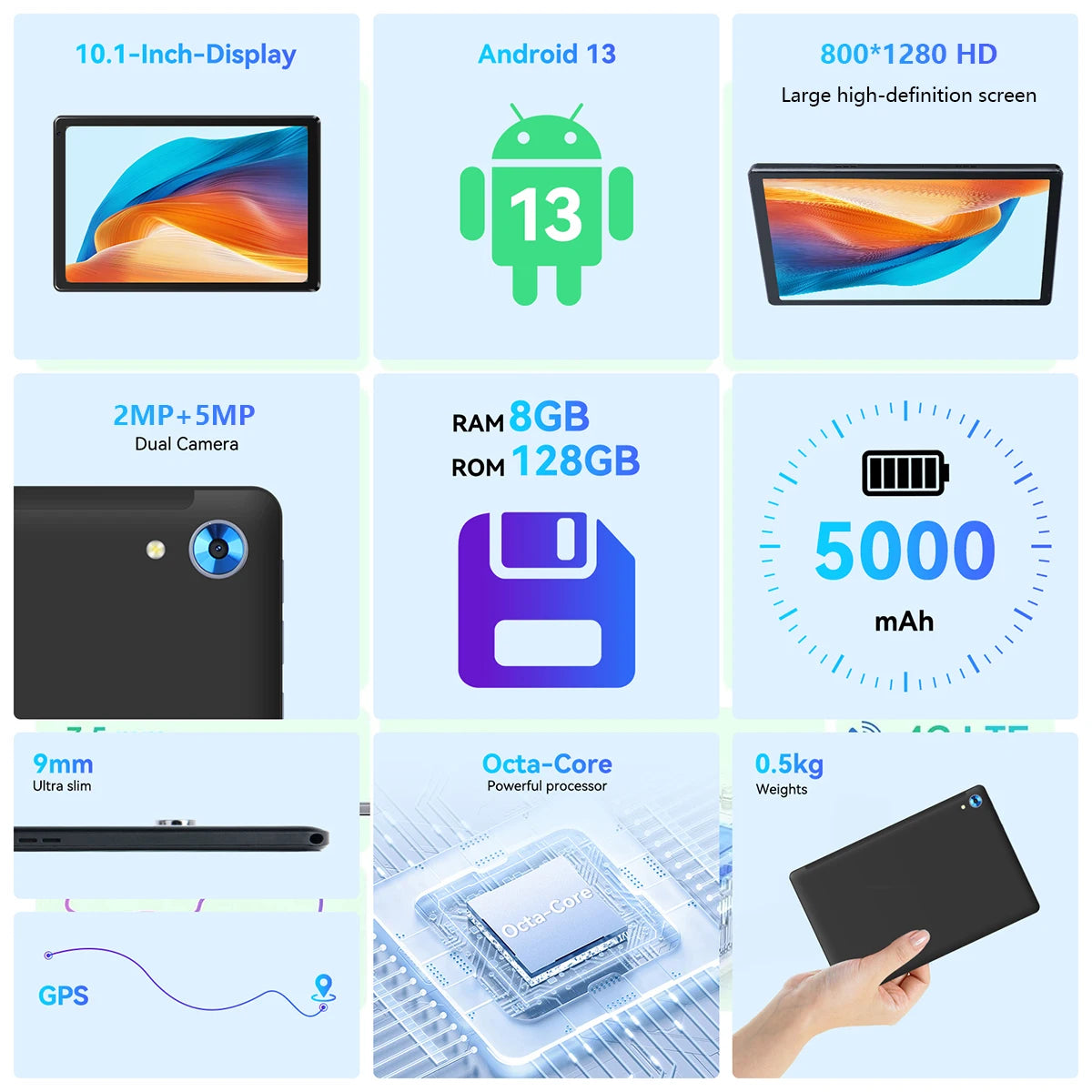 10.1 inch Tablet Octa-Core Processor 8GB RAM 128GB ROM 1TB TF Expand Android 13 HD Touchscreen BT 5.0 WiFi 6 Dual Camera Tablet