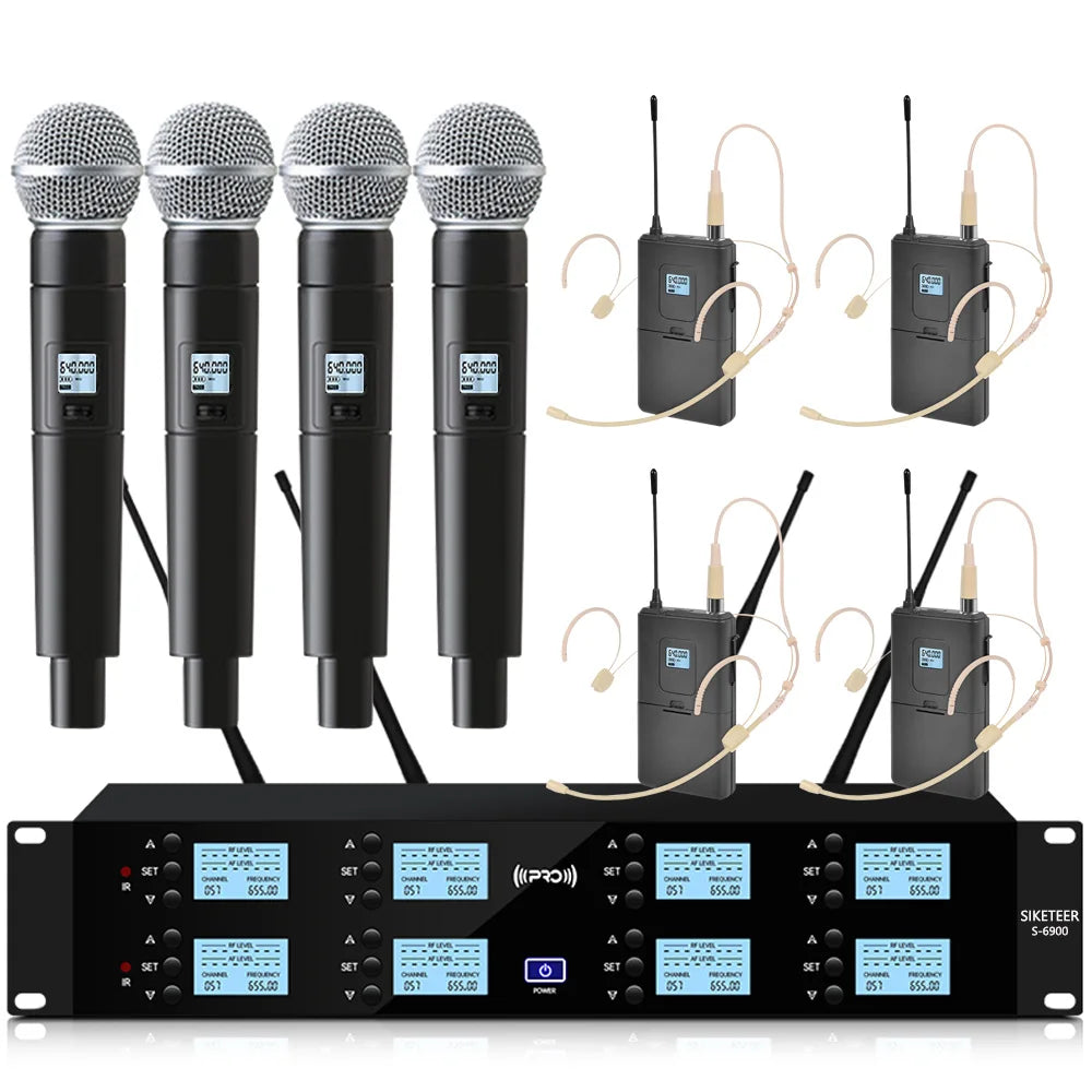 Professional UHF wireless microphone, 8-channel, handheld lavalier microphone, suitable for karaoke, church, and stage use.