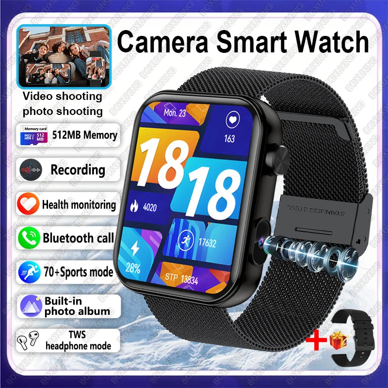 New Camera SmartWatch Men Women Photos Record Video Sports Fitness Health Monitor Waterproof Bluetooth Call Recording Smartwatch