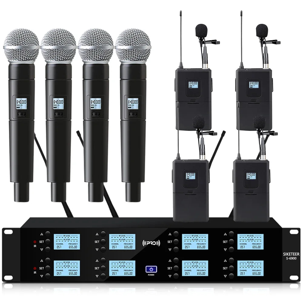 Professional UHF wireless microphone, 8-channel, handheld lavalier microphone, suitable for karaoke, church, and stage use.