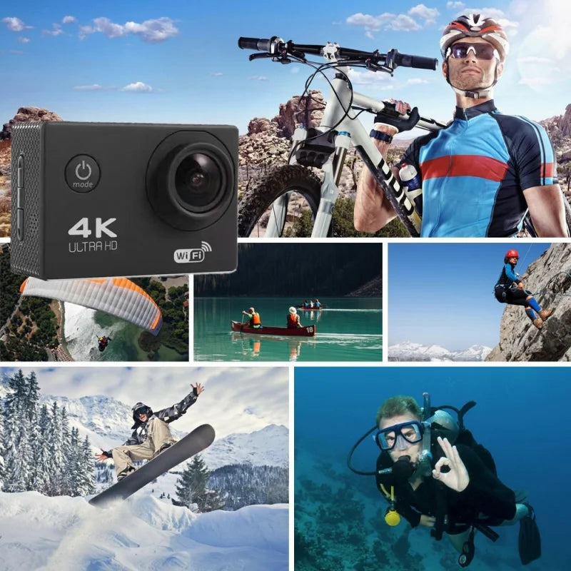 4K Outdoor WiFi Action Camera Motorcycle Bicycle Helmet Video Recording 4K/30FPS WiFi 2.0" 170D Underwater Waterproof Sports Cam