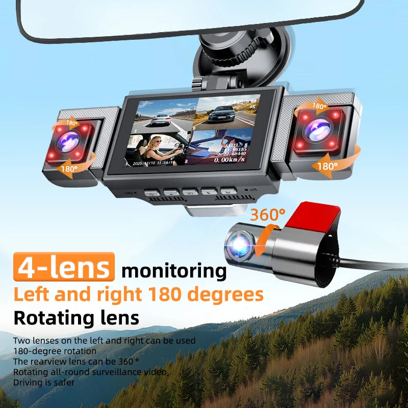 4-Channel 360° Panoramic Dash Cam 4K Front+1080P Rear/Left/Right, GPS WiFi, Night Vision, Loop Recording, Parking Monitor