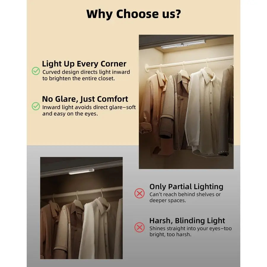15in Closet Lights with Rotatable Motion Sensor, Rechargeable Under Cabinet Lighting, NoGlare Curved Design, 3 Color Temps amp D