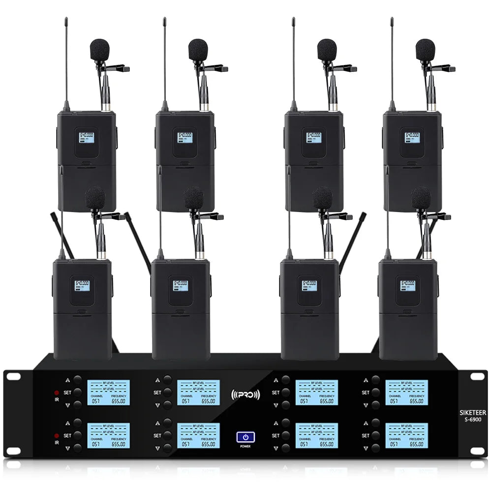 Professional UHF wireless microphone, 8-channel, handheld lavalier microphone, suitable for karaoke, church, and stage use.