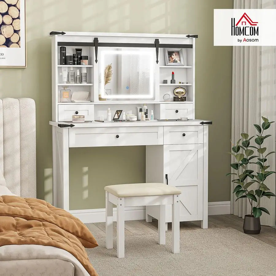 Farmhouse Vanity Desk with Mirror, Rustic Makeup Vanity Table with LED Lights, Cushioned Stool, 42 Inch Glass Tabletop, Drawers