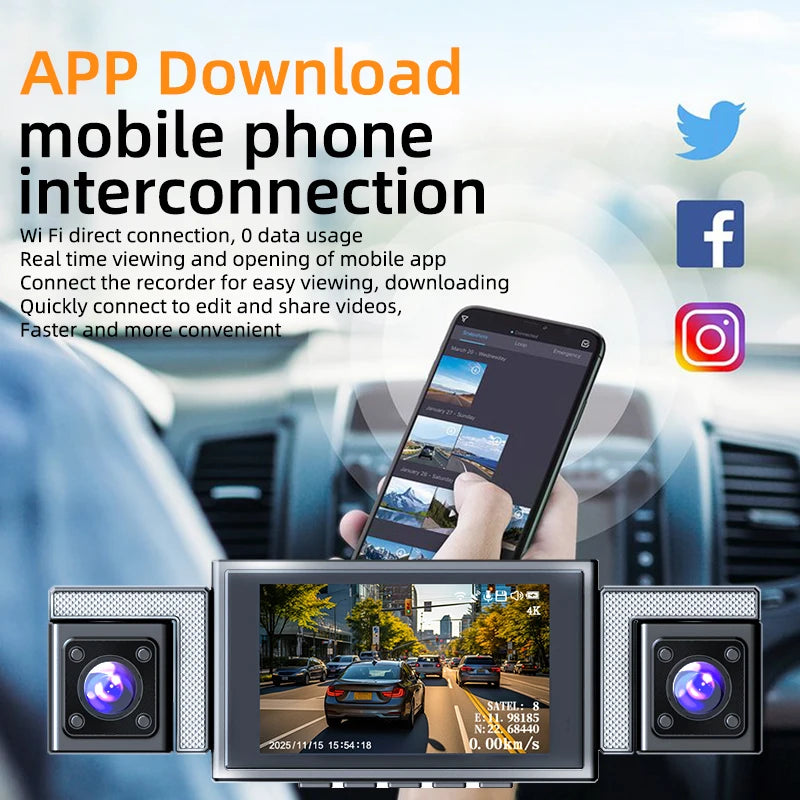 4-Channel 360° Panoramic Dash Cam 4K Front+1080P Rear/Left/Right, GPS WiFi, Night Vision, Loop Recording, Parking Monitor