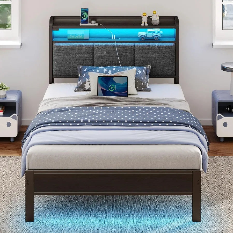Twin Size Bed Frame with Built-in Charging Station and Ambient LED Lights Upholstered Headboard Featuring Adjustable Storage Sh