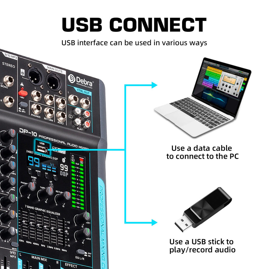 Debra 99 DSP Audio Mixer DJ Controller DP-10 10 Channels Reverb Recording Mixing With Bluetooth 5.0 Professional Performance