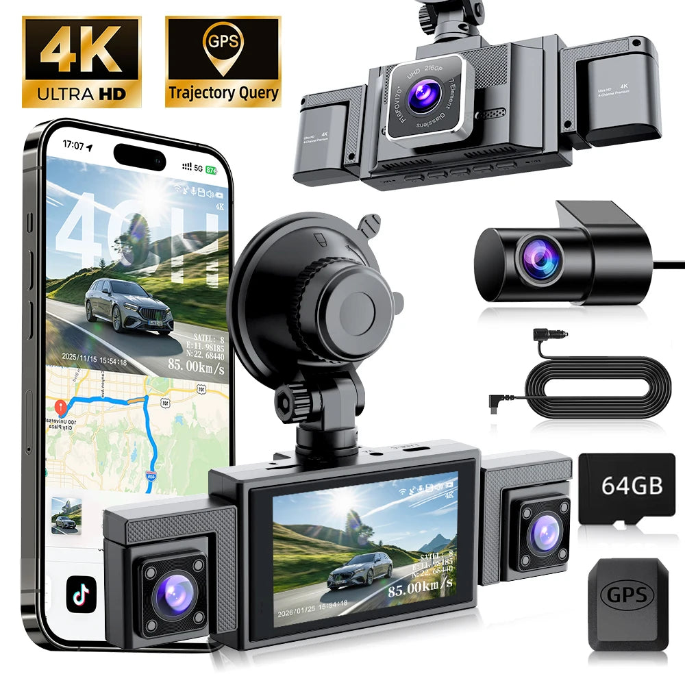 4-Channel 360° Panoramic Dash Cam 4K Front+1080P Rear/Left/Right, GPS WiFi, Night Vision, Loop Recording, Parking Monitor
