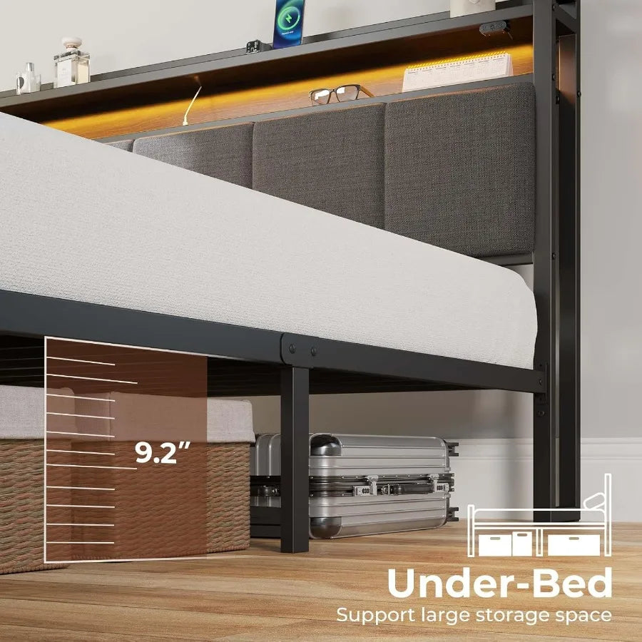 Twin Size Bed Frame with Built-in Charging Station and Ambient LED Lights Upholstered Headboard Featuring Adjustable Storage Sh