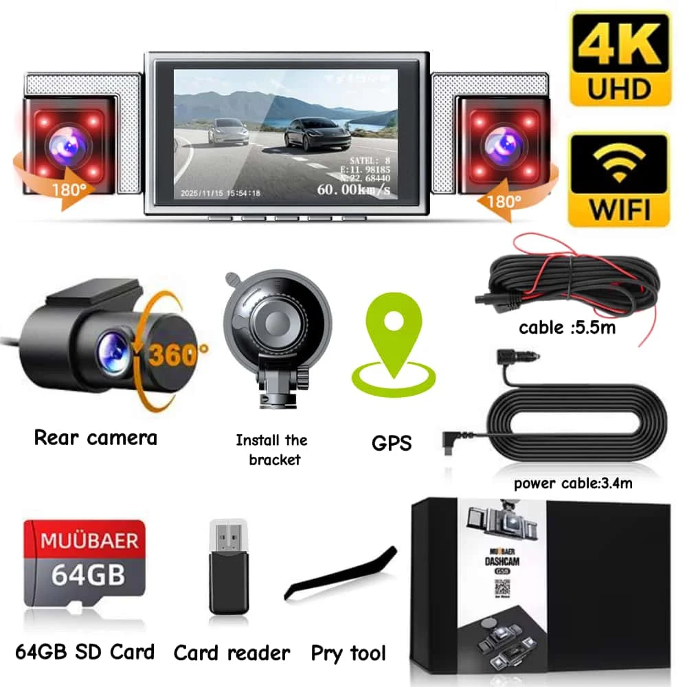 4-Channel 360° Panoramic Dash Cam 4K Front+1080P Rear/Left/Right, GPS WiFi, Night Vision, Loop Recording, Parking Monitor