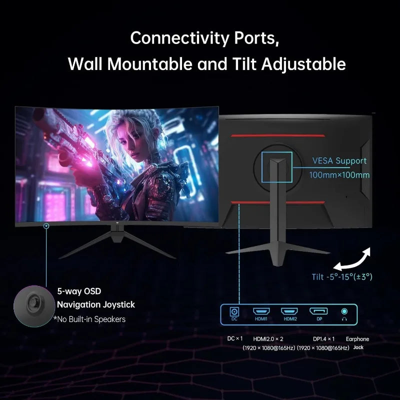 32 Inch FHD 1080p Curved Gaming Monitor - VA 1500R Curved Monitor, 165Hz 1ms MPRT, FreeSync & G-Sync, 122% sRGB