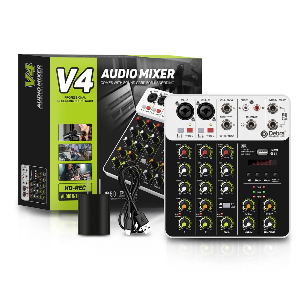 Debra V4 4 Channels Audio Mixer With Bluetooth USB 48V Phantom Power Delay Repaeat Effect  For Sound Mixing Console PC Recording