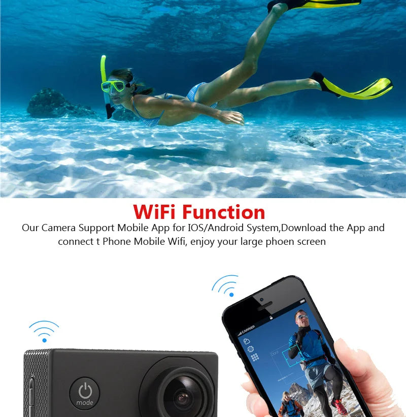 4K Outdoor WiFi Action Camera Motorcycle Bicycle Helmet Video Recording 4K/30FPS WiFi 2.0" 170D Underwater Waterproof Sports Cam