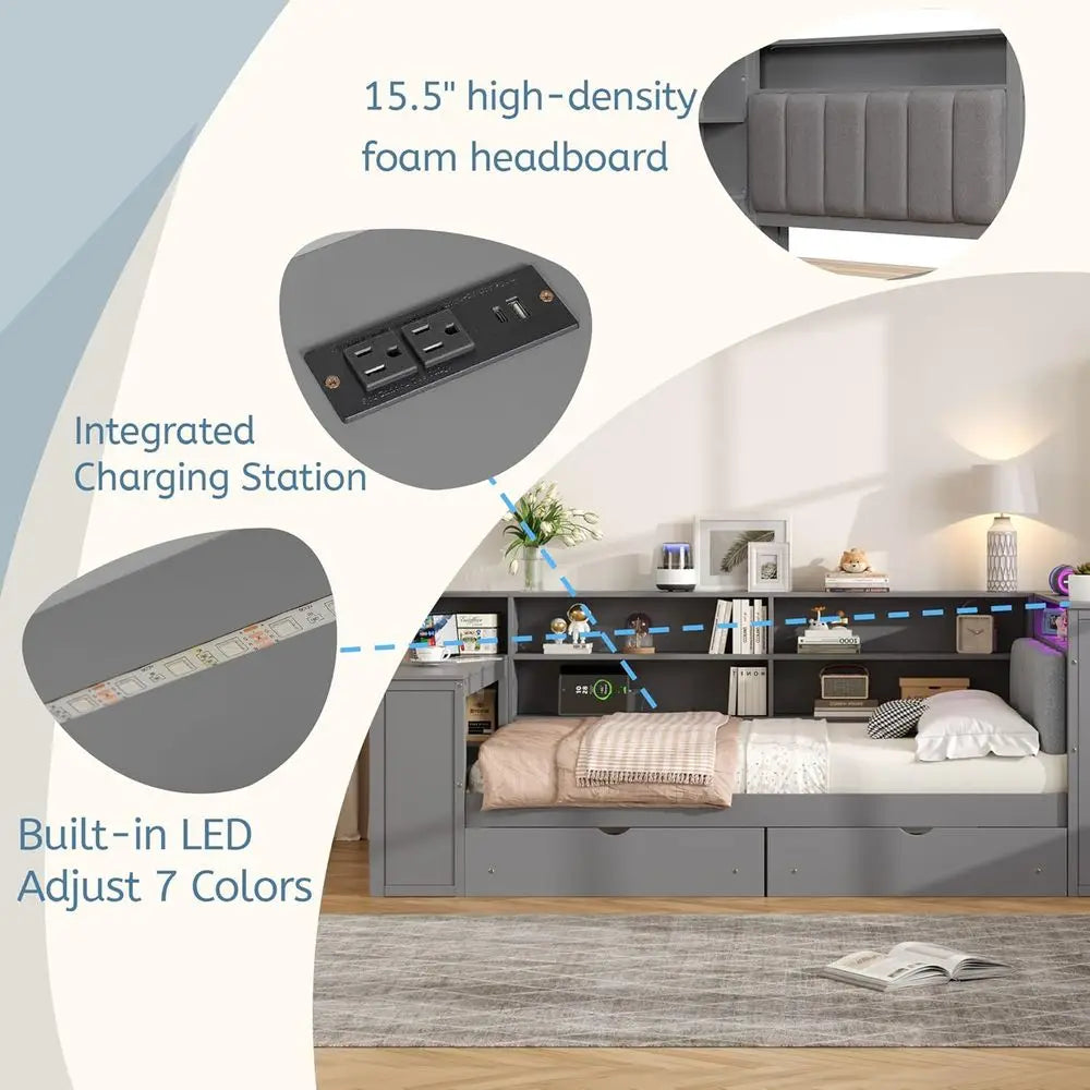 Gray Daybed Desk Combo with LED Lighting and Charging Port, Storage Drawers for Kids, Teens, and Adults, Convertible Sofa Bed fo