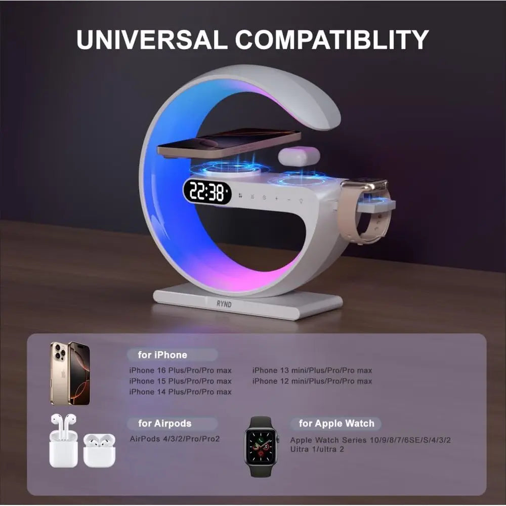 5-in-1 Magnetic Speaker Alarm Clock, Adjustable Night Light Bed Lamp, White for Family/Friends