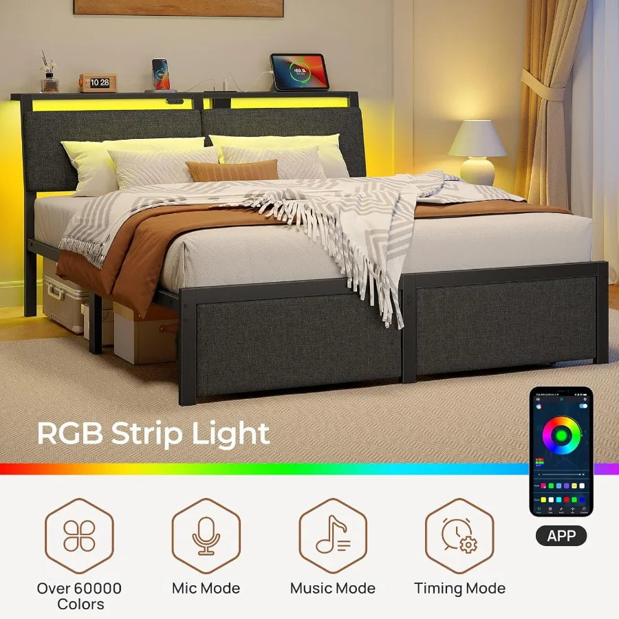 Full Size Bed Frame with Ergonomic Headboard Storage Charging Station Upholstered Platform Bed with LED Light Drawer Heavy Duty
