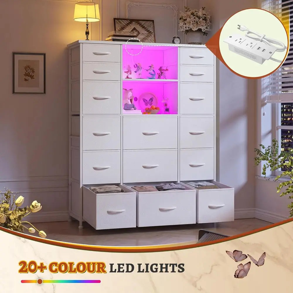 White 51'' High Bedroom Dresser with 15 Drawers, Charging Station, LED Lights, and Hutch
