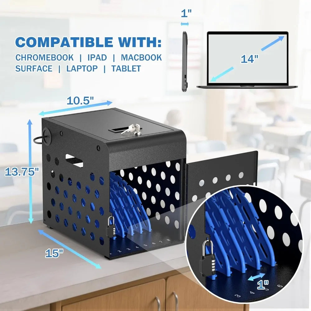 8-Device Chromebook Charging Cabinet for Classroom - Laptop Lock Box for iPad Tablet Fits 14" Screen - Portable Locking Chargin