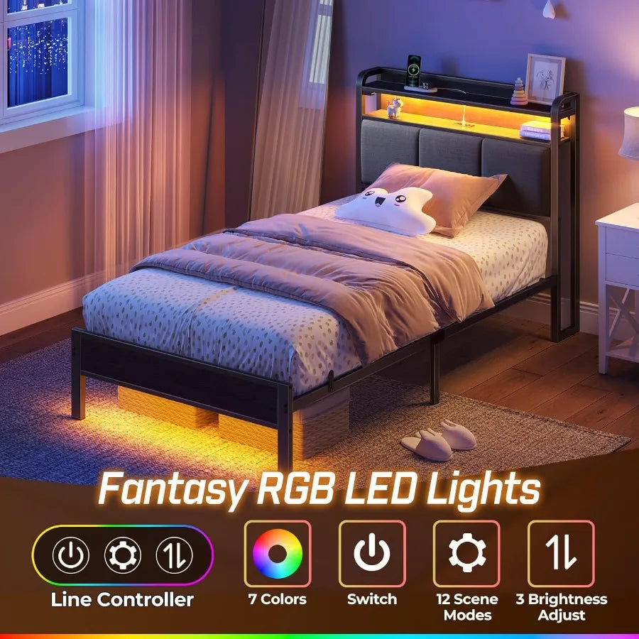 Twin Size Bed Frame with Built-in Charging Station and Ambient LED Lights Upholstered Headboard Featuring Adjustable Storage Sh