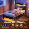 Twin Size Bed Frame with Built-in Charging Station and Ambient LED Lights Upholstered Headboard Featuring Adjustable Storage Sh