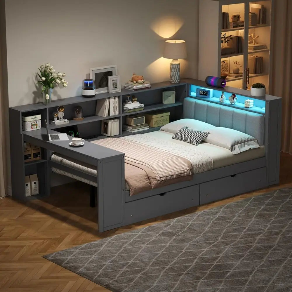 Gray Daybed Desk Combo with LED Lighting and Charging Port, Storage Drawers for Kids, Teens, and Adults, Convertible Sofa Bed fo