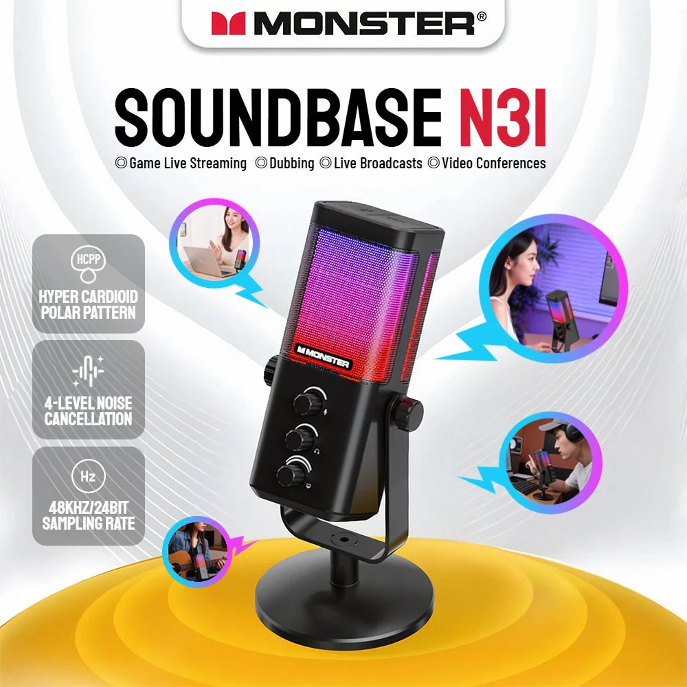 Monster Soundbase N31 USB Gaming Microphone, HyperCardioid Condenser Mic with Mute Button for Gaming Live Streaming Dubbing