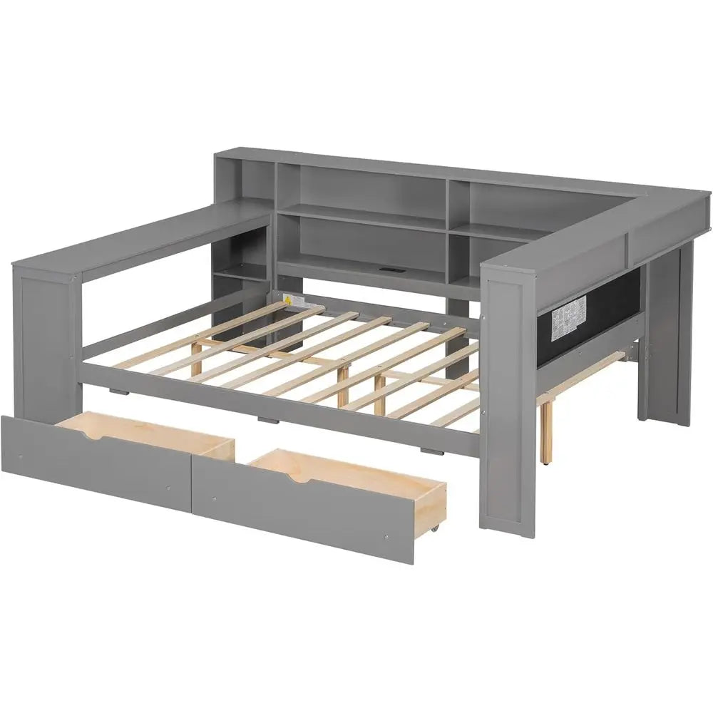 Gray Daybed Desk Combo with LED Lighting and Charging Port, Storage Drawers for Kids, Teens, and Adults, Convertible Sofa Bed fo
