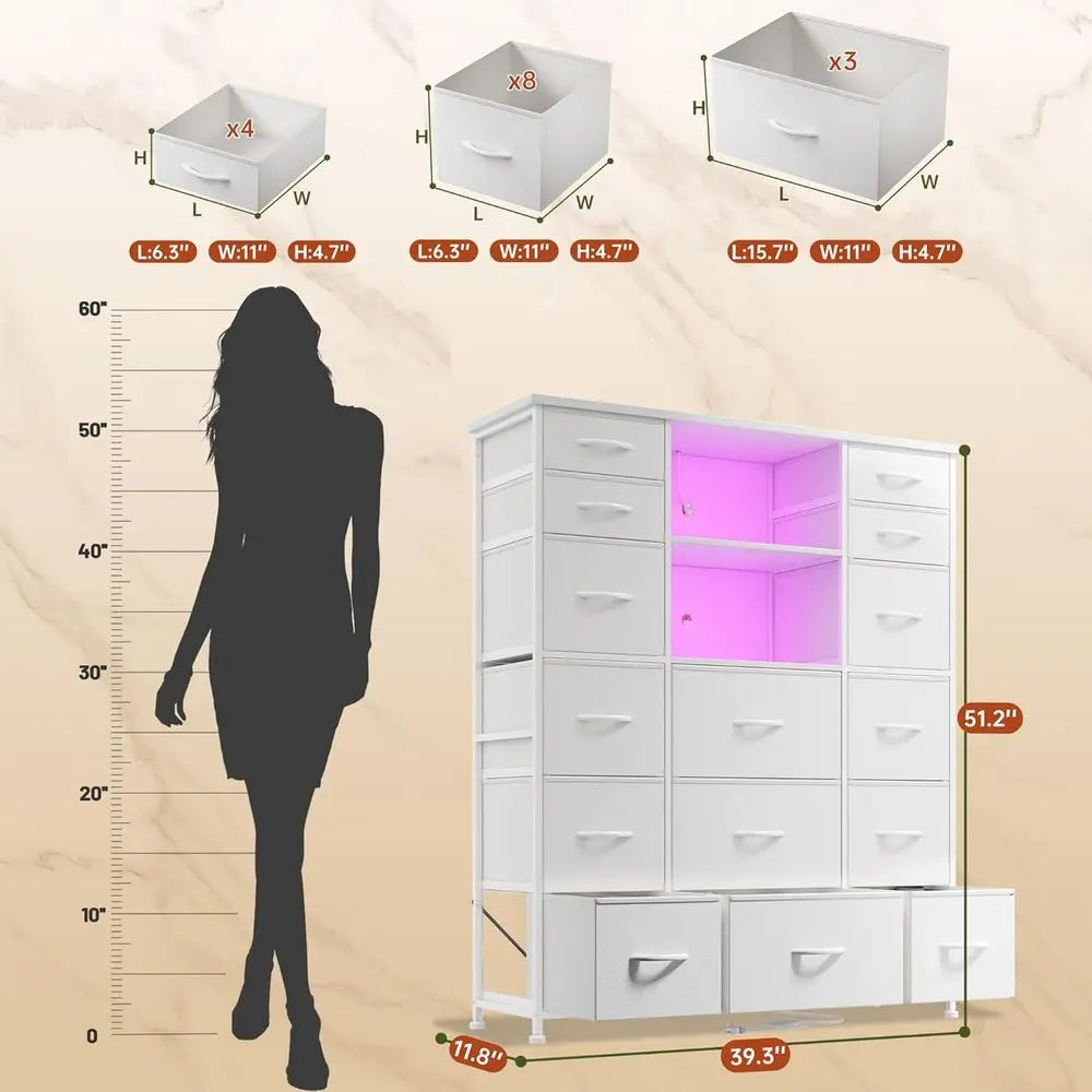 White 51'' High Bedroom Dresser with 15 Drawers, Charging Station, LED Lights, and Hutch