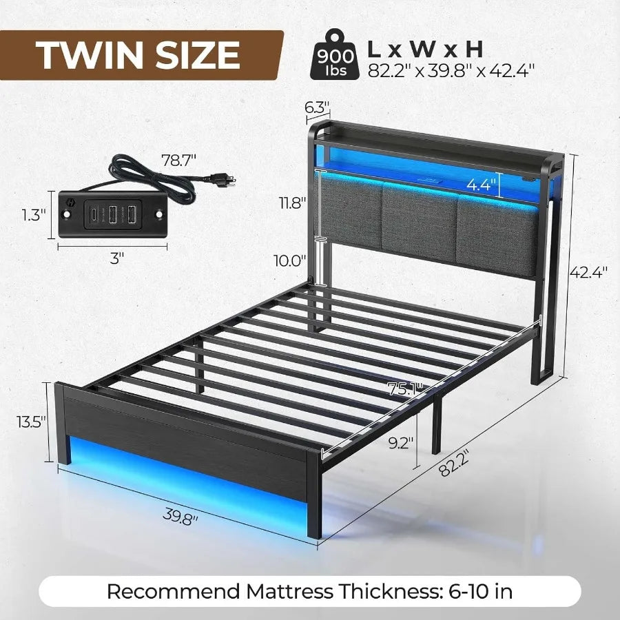 Twin Size Bed Frame with Built-in Charging Station and Ambient LED Lights Upholstered Headboard Featuring Adjustable Storage Sh