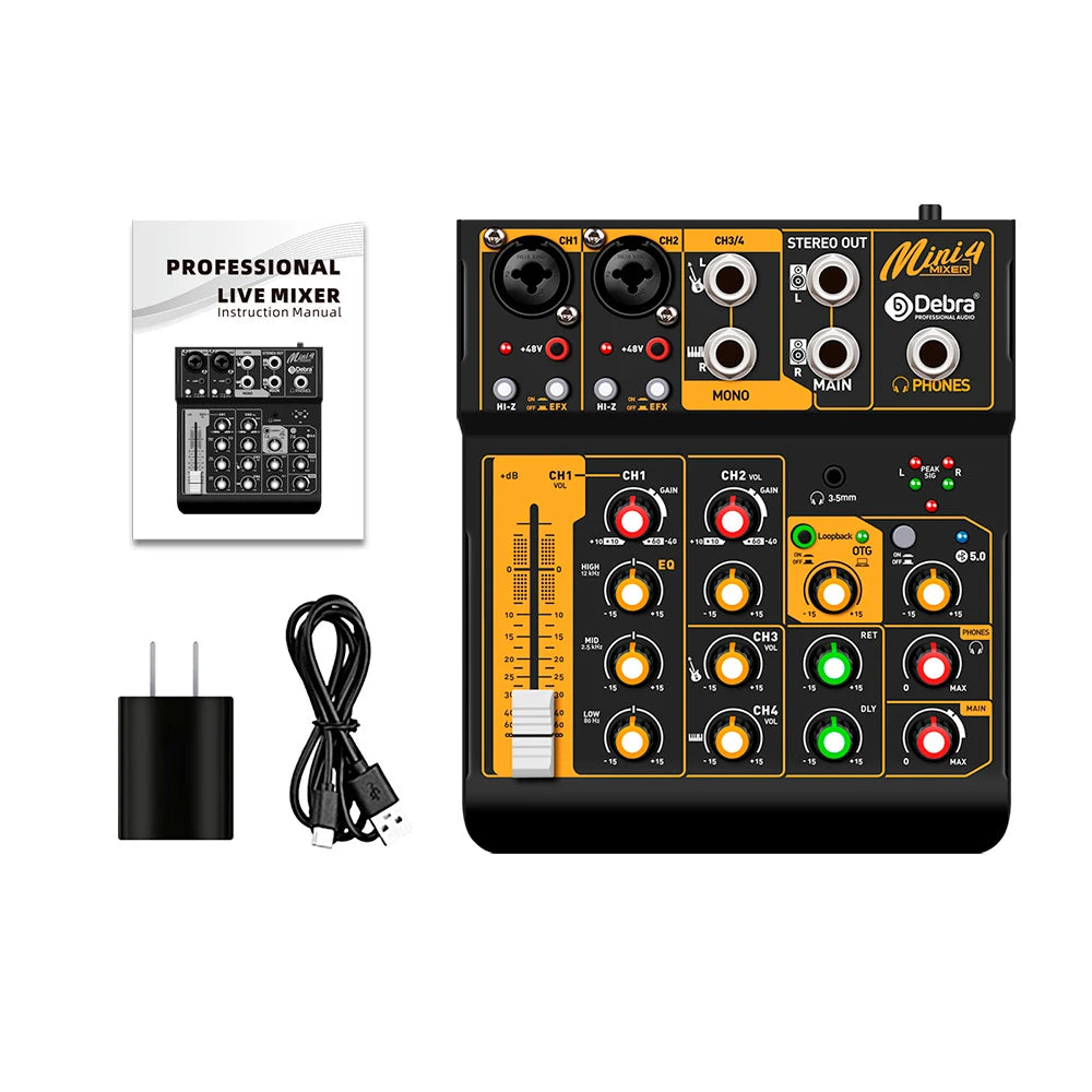 Debra OTG Metal Audio Mixer DJ Console Mini6 With Bluetooth 48V Power Delay Repaeat Effect For Sound Mixing Console PC Recording