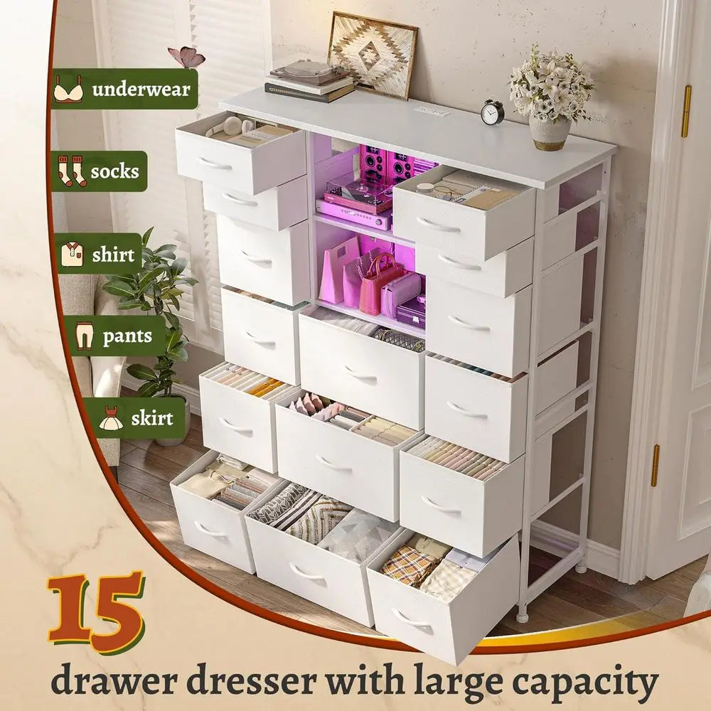 White 51'' High Bedroom Dresser with 15 Drawers, Charging Station, LED Lights, and Hutch