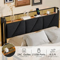 Queen Size Platform Bed Frame with Upholstered Headboard Built-in LED Lights Integrated Charging Station with USB Ports Noise-F