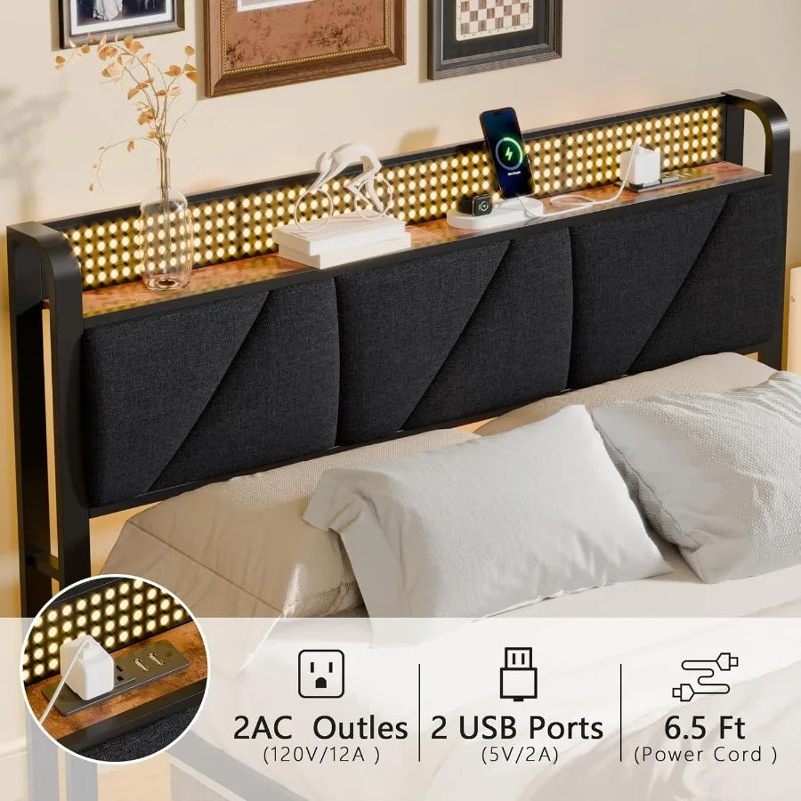 Queen Size Platform Bed Frame with Upholstered Headboard Built-in LED Lights Integrated Charging Station with USB Ports Noise-F